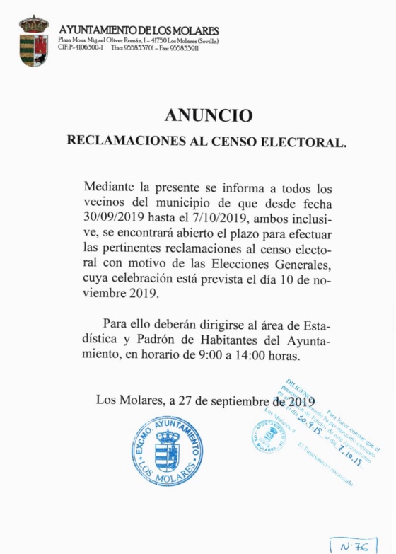 RECLAMACIONES CENSO ELECTORIAL 2019