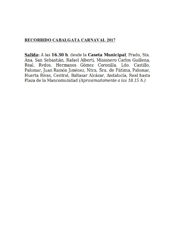 RECORRIDO CABALGATA CARNAVAL 2016